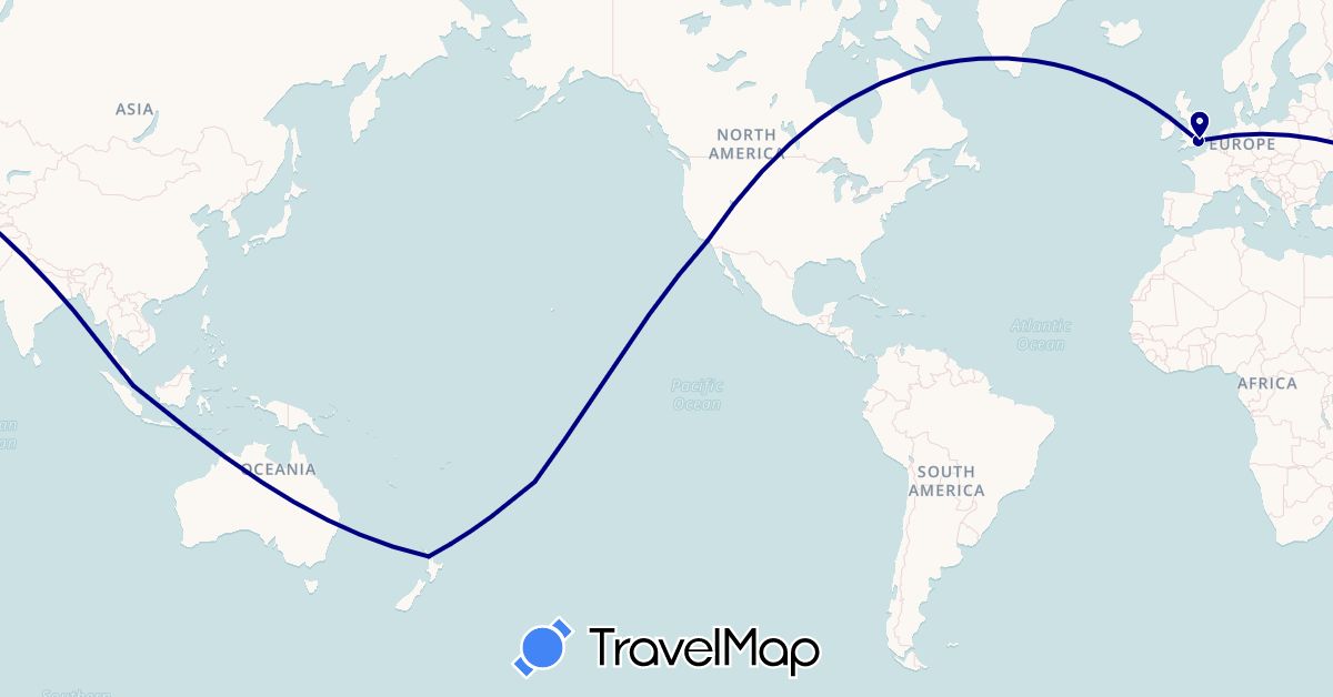TravelMap itinerary: driving in Cook Islands, United Kingdom, New Zealand, Singapore, United States (Asia, Europe, North America, Oceania)